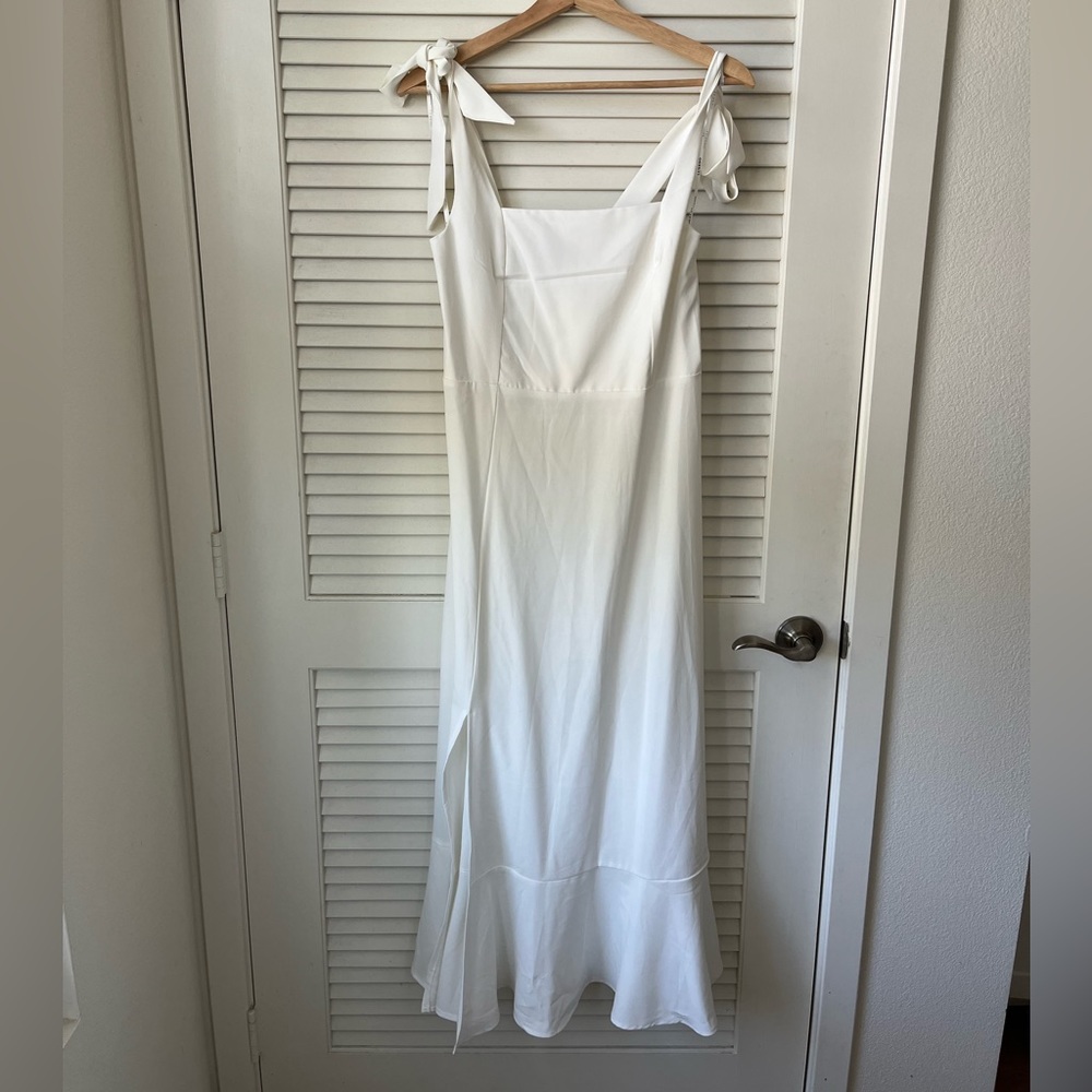 WHITE TIE-STRAPS RUFFLED MIDI DRESS